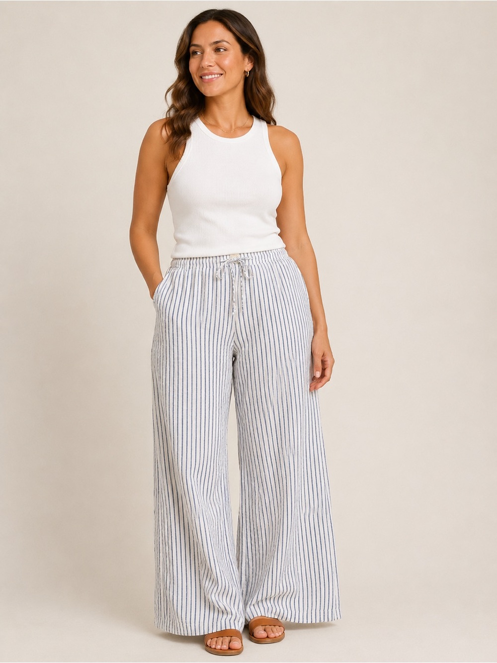 Just Living Blue White Striped Linen Blend Wide Leg Pants Elastic Waist Women’s
